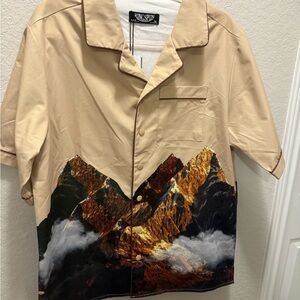 Men's Tan Mountain Print Snap Button Shirt Size Oversized M